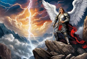 forearm sleeve of michael the archangel with clouds and lightning standing on rocks tattoo idea