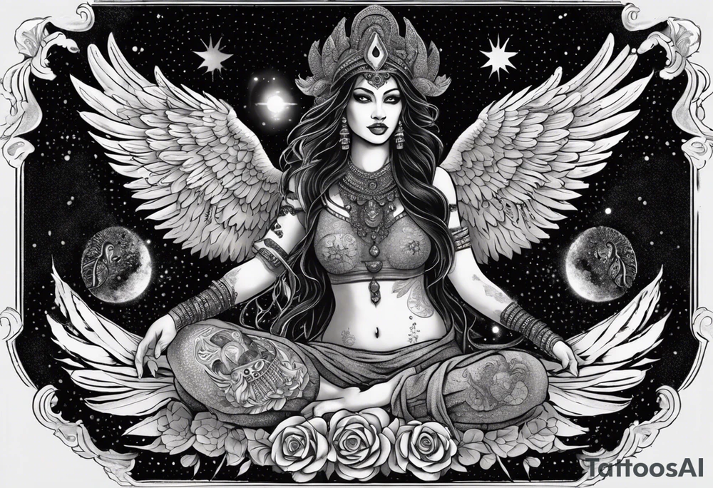 black kali, goddess pirate, alien, angel, pachamama, valkrye, warrior, flying, skull, lotus azul, wing, eagle, zenza resonance, stars, 5D, anahata chakra, death, durga, riding on a tiger, flying lady, kundalini, chest tatoo, samuri, rebel,serpent tattoo idea