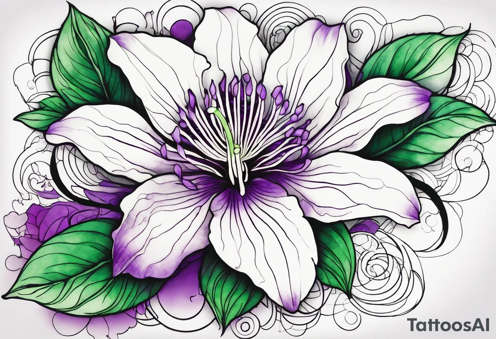 A mystical outline of a rio dipladenia flower with green/purple pedals and a green/purple watercolor splash in the background tattoo idea