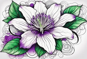 A mystical outline of a rio dipladenia flower with green/purple pedals and a green/purple watercolor splash in the background tattoo idea