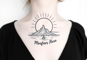 tattoo of Bornholm, a small island in denmark, with a sun behind it. Incorporate the following text, "Morfars Horra" instead of some of the line in the sun tattoo idea