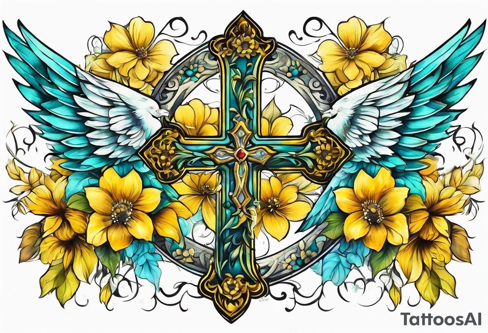 Winged cross surrounded by yellow and aqua flowers tattoo idea
