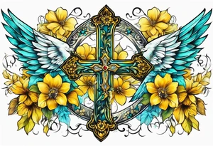 Winged cross surrounded by yellow and aqua flowers tattoo idea