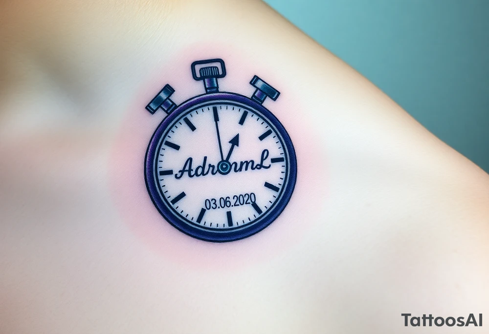 A stopwatch clock, which contains the child’s name "AdamL and birth date "03. 06. 2020", in blue, purple, and silver tattoo idea