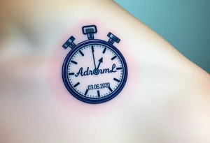 A stopwatch clock, which contains the child’s name "AdamL and birth date "03. 06. 2020", in blue, purple, and silver tattoo idea