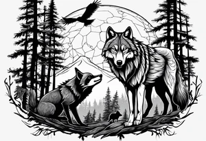 A Wolf and a raccoon are fighting
A crow ist watching them
Background Woods tattoo idea