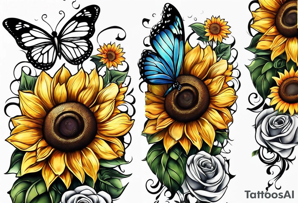Arm sleeve with sunflowers and butterflies tattoo idea