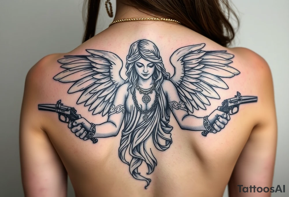 old angel statue in criminal style, tattooed and at the same time contemporary, weapons in hand, gangster-style gold necklaces tattoo idea