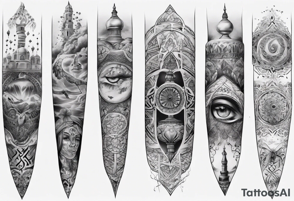 Full sleeve arabic theme realistic tattoo idea