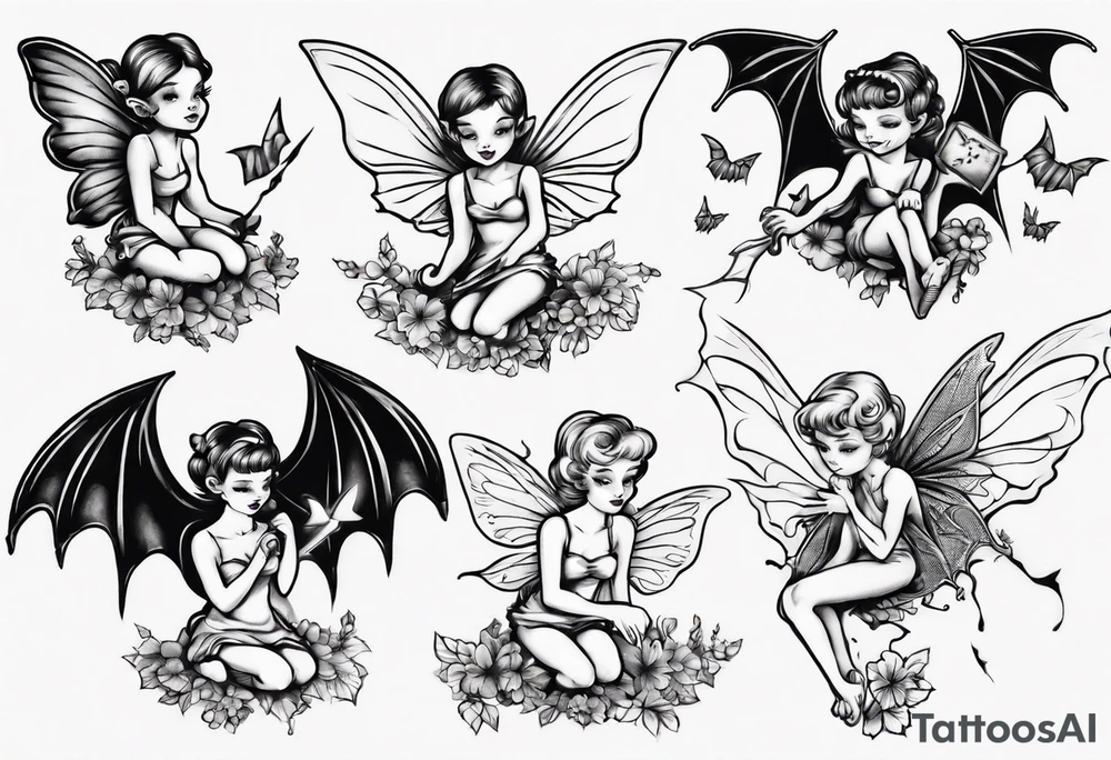 Tiny fairy flying with a bat tattoo idea