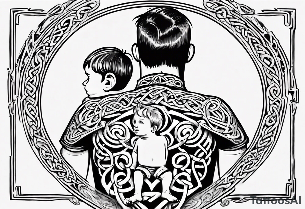 a father with a son on each shoulder from behind. A subtle design on their backs of celtic music. tattoo idea