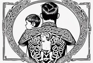 a father with a son on each shoulder from behind. A subtle design on their backs of celtic music. tattoo idea