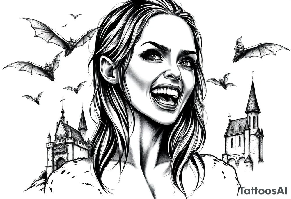 female vampire,bats,old castle,teeth. tattoo idea