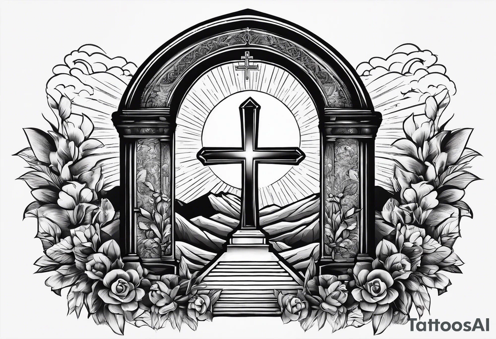 Tomb with cross and sun in the background tattoo idea