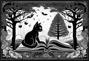 A dark fantasy vibe Four books stacked whimsically with the top book open with a black cat and and Tree coming out with a little start in the sky tattoo idea