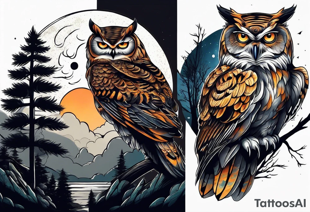 Owl tiger underneath a full moon in a forest tattoo idea