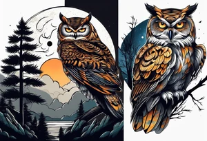 Owl tiger underneath a full moon in a forest tattoo idea