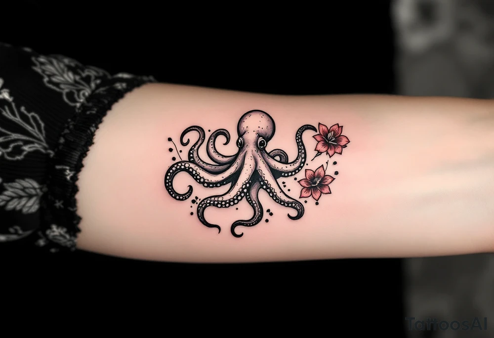 A small realistic black and grey tattoo of an octopus, cute, with detailed shading and soft linework, showing the octopus with swirling tentacles, on light skin. ornamental flowers around with red ink. The style is minimalistic and elegant, resembling fine-line tattoo with a shadow tattoo idea