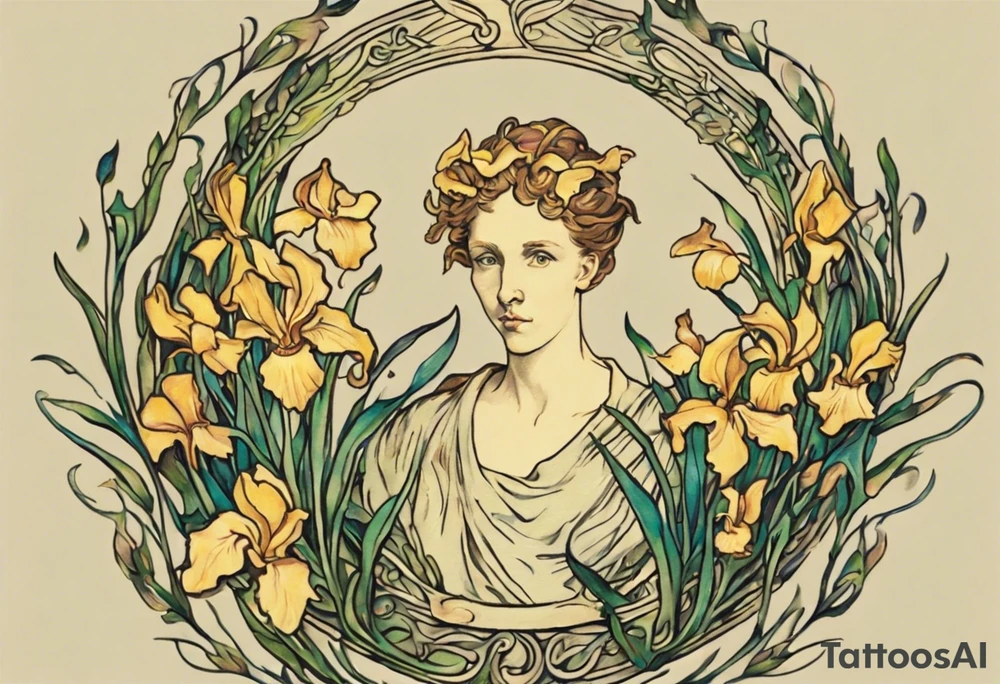 Create a colorful Vincent van Gogh Irises tattoo with Athena's shield and spear. The tattoo should take the form of a crescent, with vines gracefully intertwining at a central point in the middle of the wreath.  The intended placement is on the upper chest. The overall design should be small in size while maintaining a delicate and artistic aesthetic. Pay attention to the graceful flow of the vines and the placement of the irises to achieve a refined and elegant look. tattoo idea