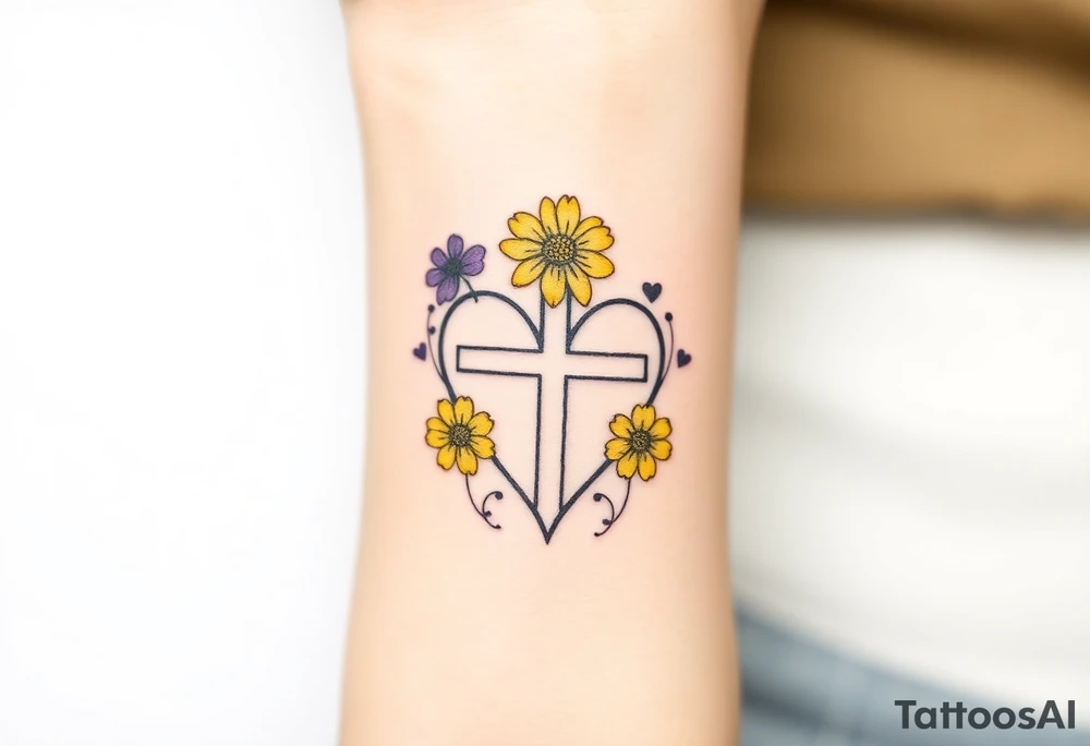 Yellow daisy Purple Hearts around a cross tattoo idea