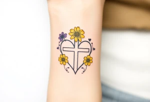 Yellow daisy Purple Hearts around a cross tattoo idea