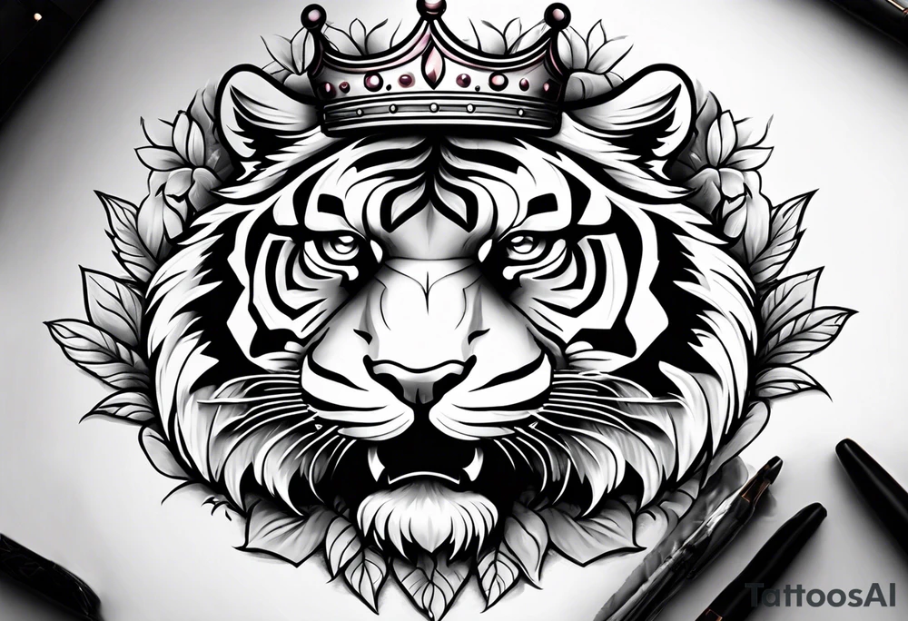 A tiger with crown and smoke rose times clocks tattoo idea A tiger with crown and smoke rose times clocks tattoo idea