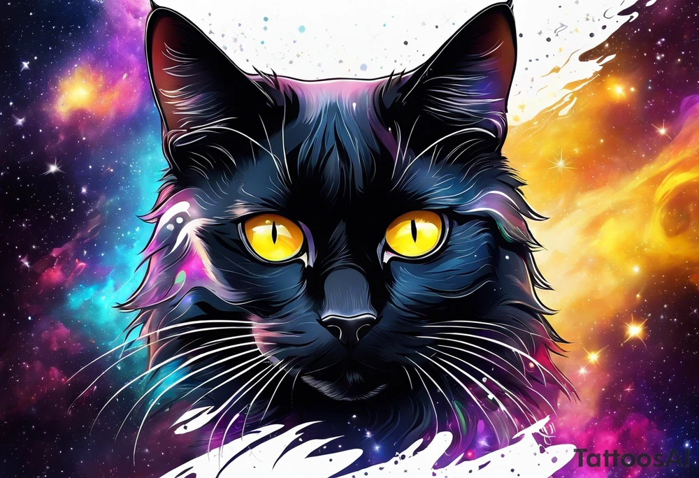 Black Cat with yellow eyes, colorful nebula in background tattoo idea