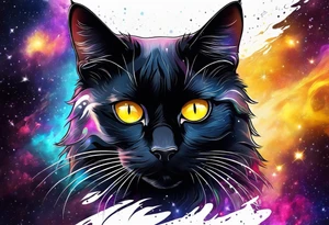 Black Cat with yellow eyes, colorful nebula in background tattoo idea