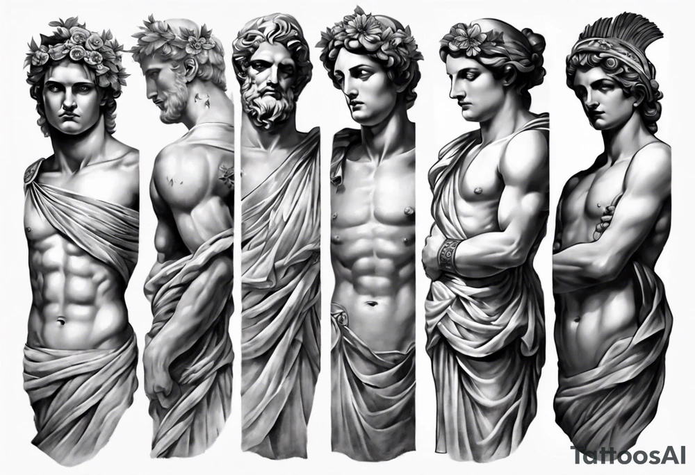 GREEK STATUES 
ARM SLEEVE 
REALISTIC tattoo idea