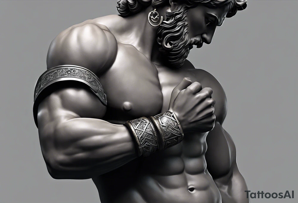 I have an atlas statue with clouds background on my outer right shoulder down to my elbow. I would like something that continues down from that to my wrist, and eventually wraps around my arm, turning my sleeve into one big piece. The ideal tattoo I'm looking for is something not too aggressive and bold but highly detailed. I would like to continue the full body god statue theme, possibly with Hercules, or  Poseidon, but open to all ideas. I would like to keep the full body statue theme as well. tattoo idea