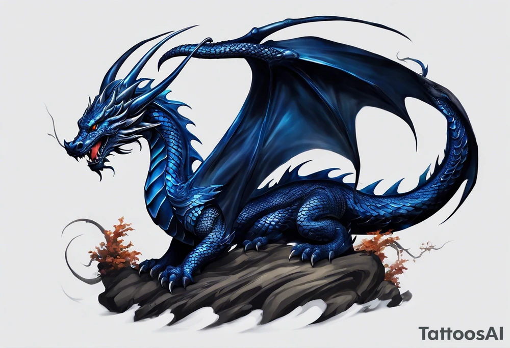 An epic floating dragon. Its long body coiling dynamically, with scales and horns detailed to create a sense of movement and strength. The dragon's main color is midnight blue, giving a vibrant depth and a mystical aura. This tattoo highlights the dragon’s fierce expression and sharp claws. tattoo idea