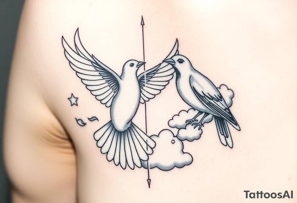 Dove and a blue jay, clouds, shining light to or from heaven tattoo idea