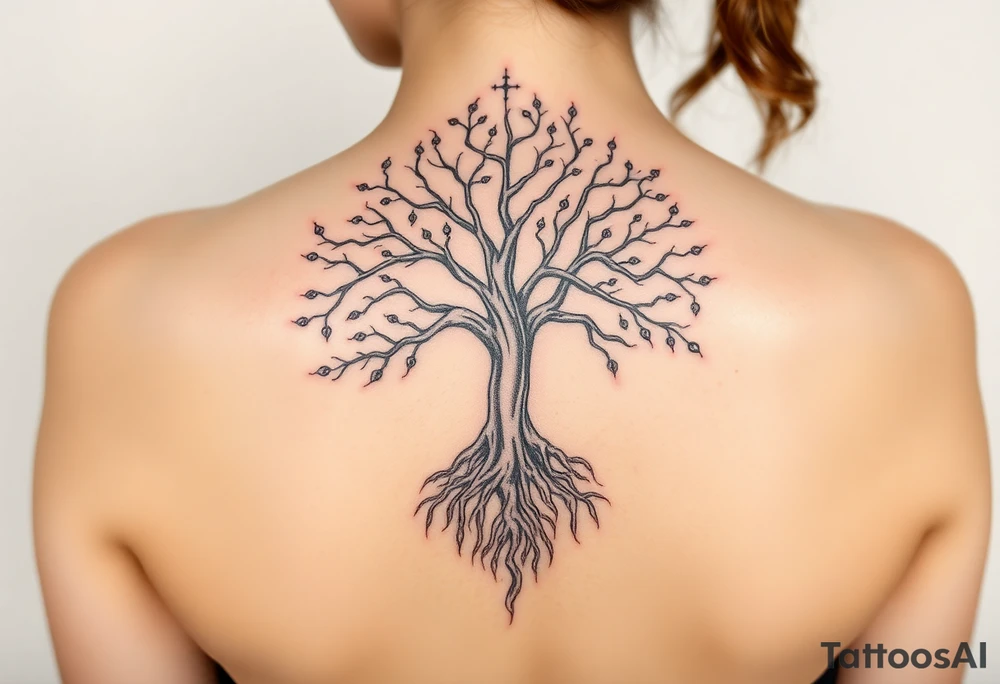 mystical tree of life with cosmic roots and celestial branches tattoo idea