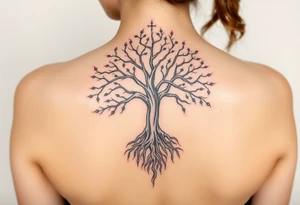 mystical tree of life with cosmic roots and celestial branches tattoo idea