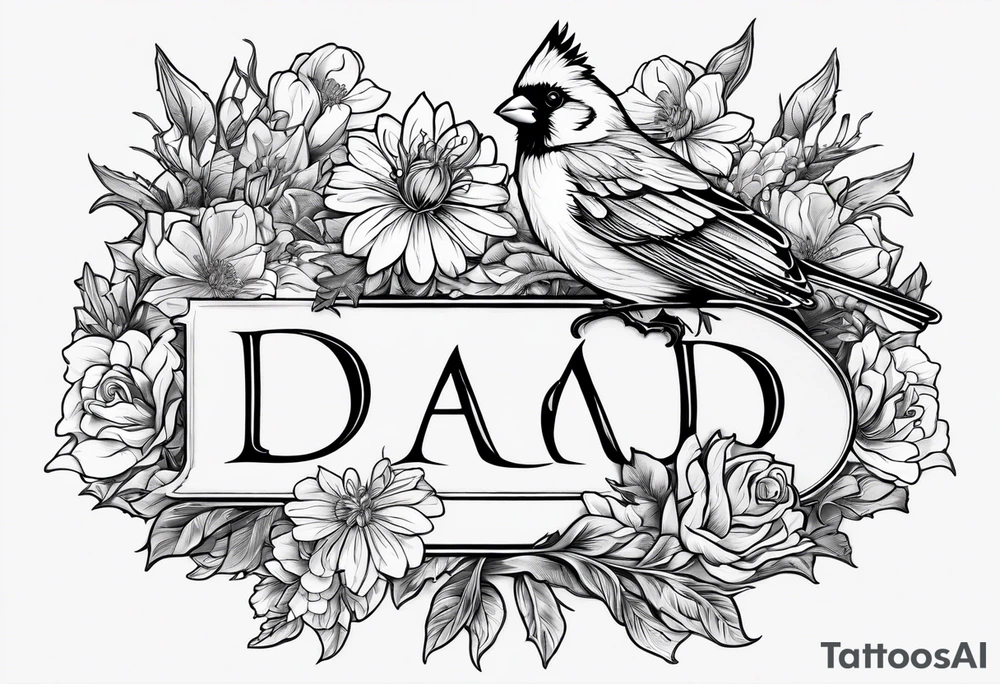 Aster flowers and sea rocket flowers with a cardinal around the words Dad tattoo idea