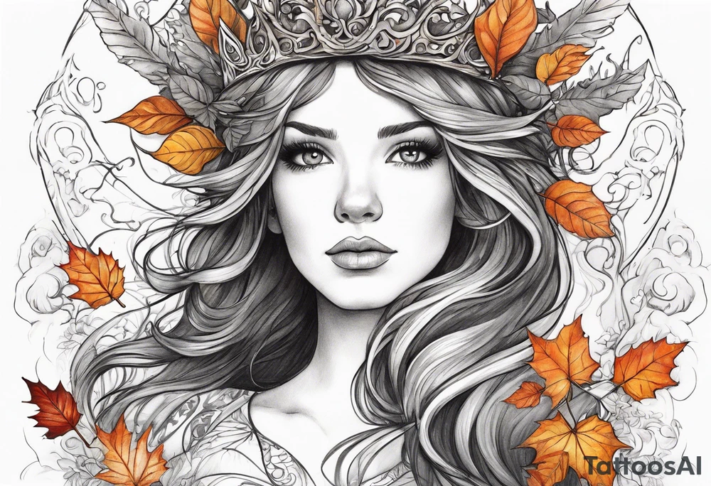 A auburn haired fairy in the middle of a forest during the peak of autumn, twirling in a whirlwind of autumn leaves. The fairy's hair is auburn with copper colors and a crown of gold, orange, and red leaves adorning her head. tattoo idea