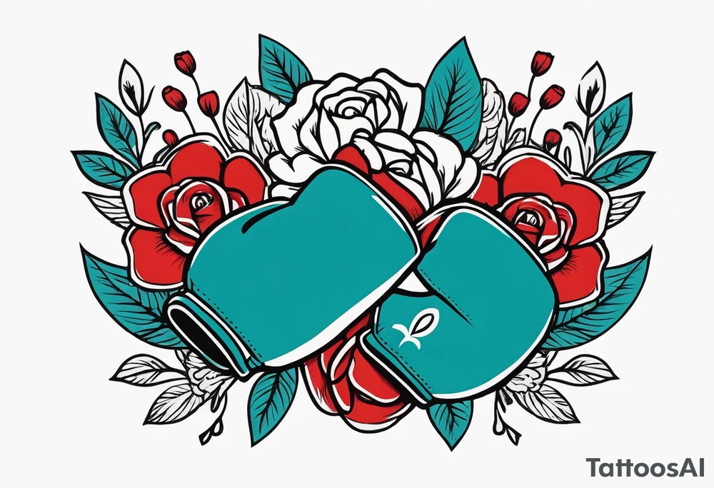 boxing gloves and flowers around the gloves  bold colors traditional old school vintage tattoo idea