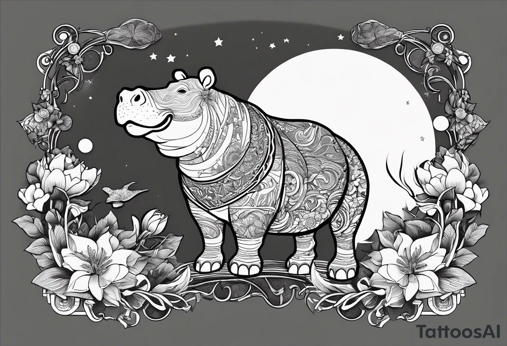 Hippo, flowers, moon, interstella, artic surreal,
Extreme fine lines, tribal, geometric, japanese, artistic tattoo idea