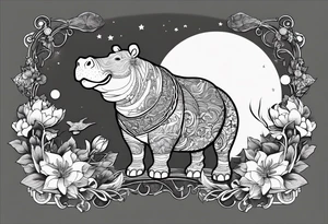 Hippo, flowers, moon, interstella, artic surreal, 
Extreme fine lines, tribal, geometric, japanese, artistic tattoo idea