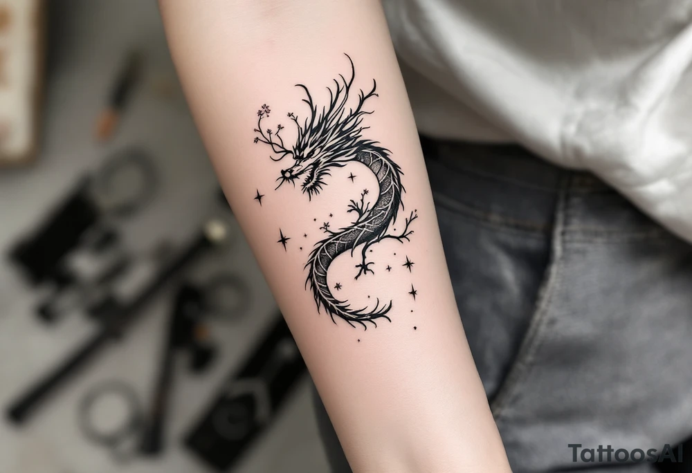 dragon japanese style sakura trees nebula tattoo idea