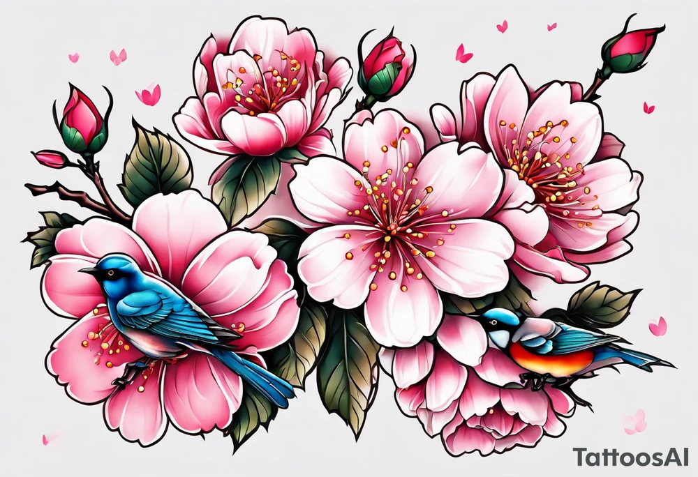 Japanese cherry blossom with birds, butterflies and rose on the forearm tattoo idea
