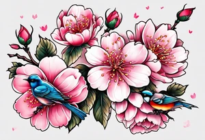 Japanese cherry blossom with birds, butterflies and rose on the forearm tattoo idea