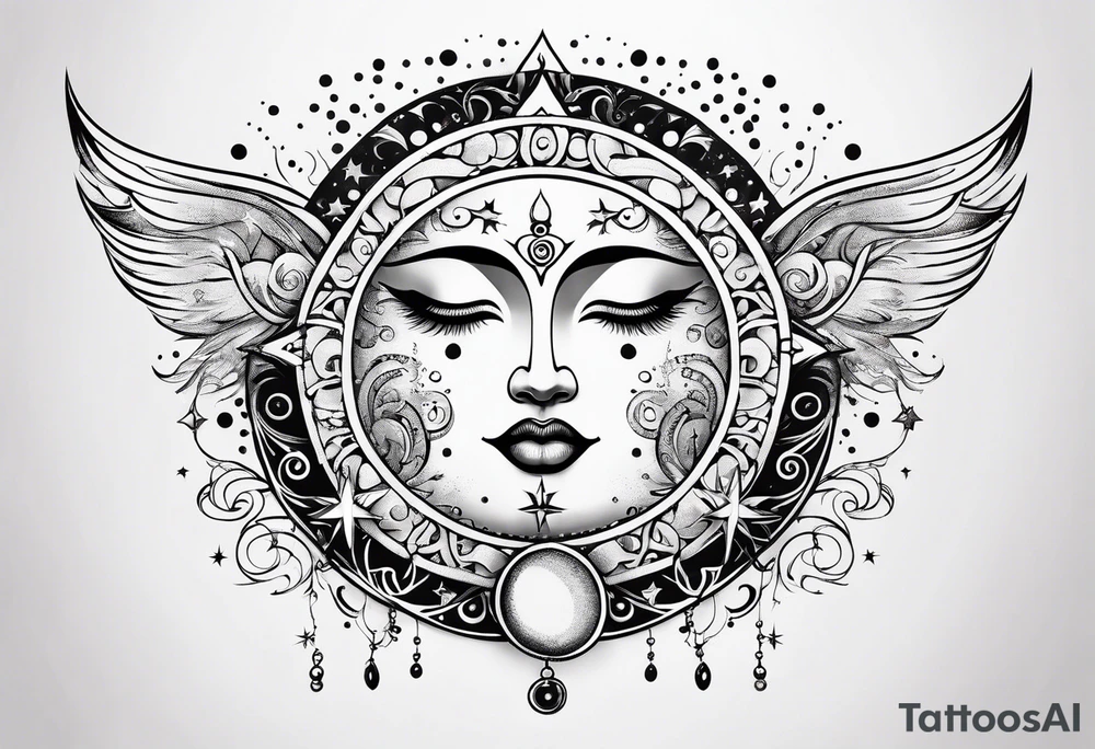 Feminine Sun and moon. long rectangular sternum swirls with dots and stars tattoo idea
