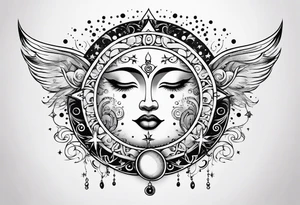 Feminine Sun and moon. long rectangular sternum swirls with dots and stars tattoo idea