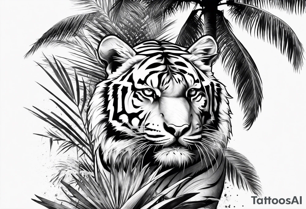 tiger climbing palm tree tattoo idea