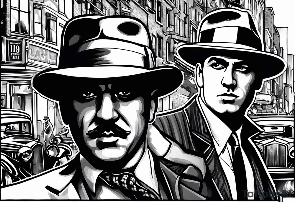 untouchables style gangsters fighting on a 1930s city street, Al capone, bugsy segal, bonnie and clyde, include machine guns, smoke and fire tattoo idea