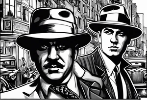 untouchables style gangsters fighting on a 1930s city street, Al capone, bugsy segal, bonnie and clyde, include machine guns, smoke and fire tattoo idea