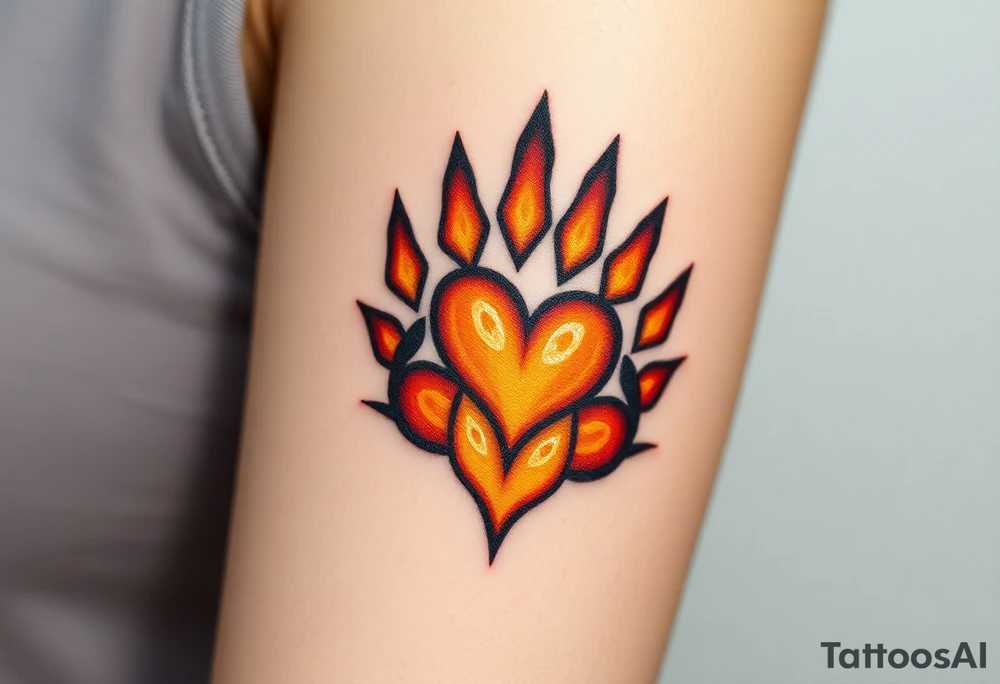 A lion paw imprint with golden highlights, the heart shape subtly emerging through warm tones of amber, burnt orange, and deep brown tattoo idea