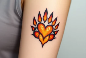 A lion paw imprint with golden highlights, the heart shape subtly emerging through warm tones of amber, burnt orange, and deep brown tattoo idea