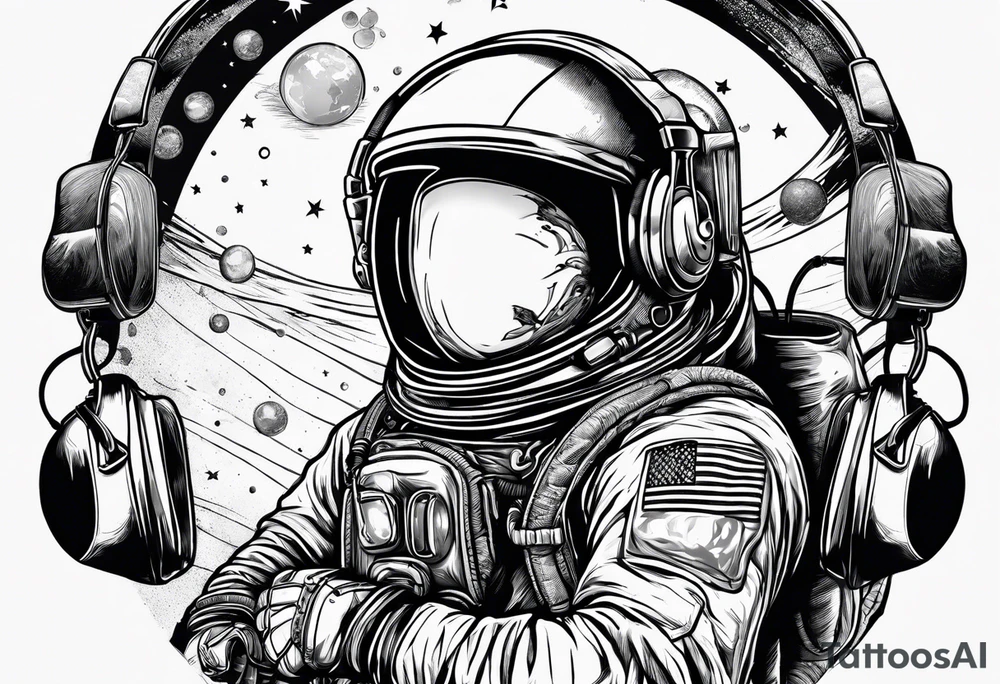 Astronaut emerging from the universe with boxing gloves and headphones pn tattoo idea
